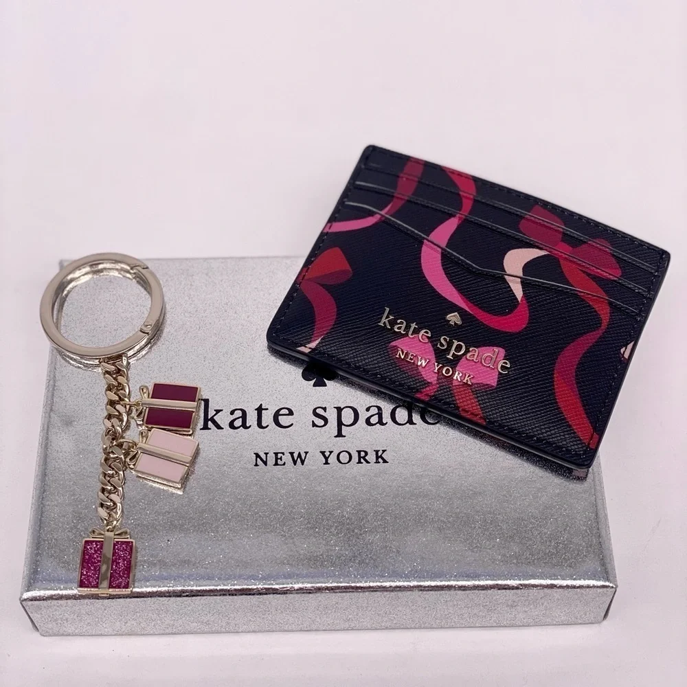 Kate Spade Staci Boxed Card Holder Small Wallet And Key Fob Ribbon Print